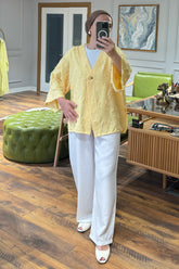 Dokulu V Yaka Tek Düğmeli Ceket ve Geniş Paça Pantolonlu İkili Takım 8883 - Sarı